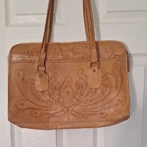 Hand-Tooled Tan Leather Tote Bag